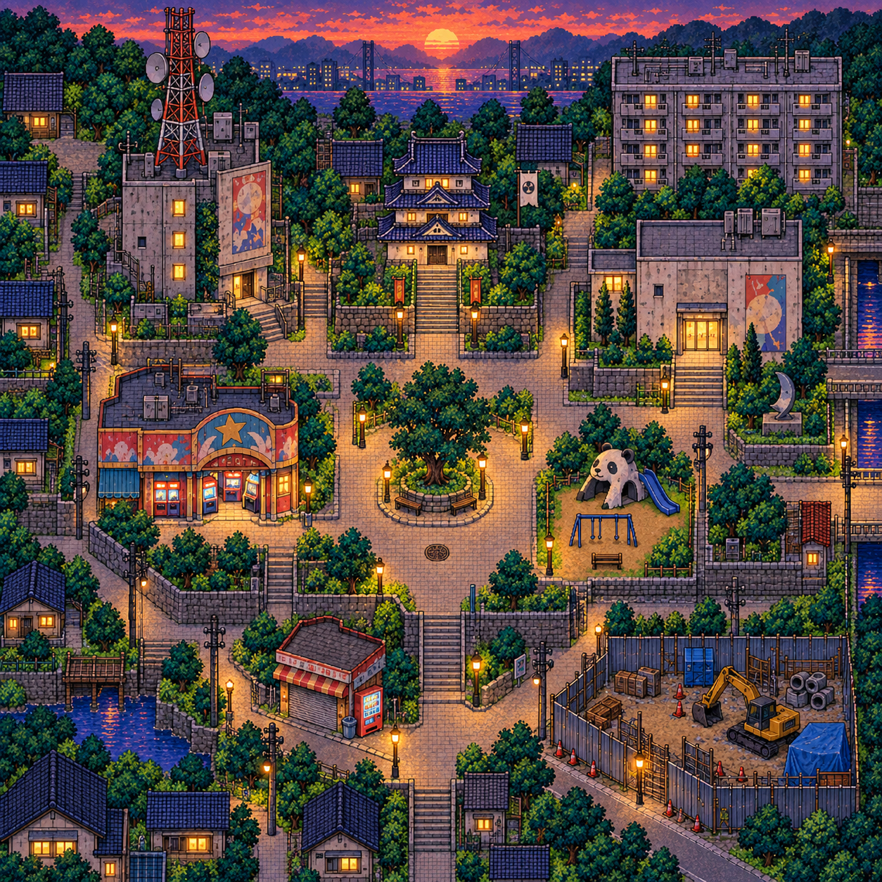 夕暮れのドット絵の街。中央広場から放送塔、城、ゲームセンター、美術館、パンダ公園、工事現場へ道が続く。